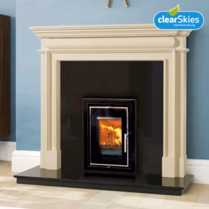 Athens 400 4.8kW multi fuel cassette stove with a wide glass viewing window.
