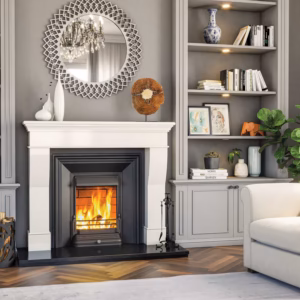Darwin fireplace surround shown in a contemporary interior setting.