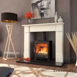 Emma Bertoneri fireplace surround in a living room setting with a stove installed.