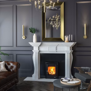Hiberian fireplace surround in Light Carra Honed with classic hand-carved detailing.