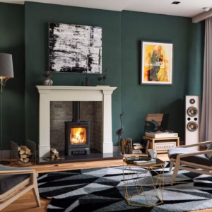 Kildare Bertoneri fireplace surround with receding pilasters and mantel shelf.