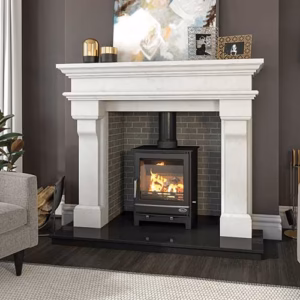 Avalon fireplace surround with an elevated mantel and classic elegant design.