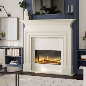 Bertoneri Ashford fireplace surround in Alpine White with an electric fire setting in a living room.