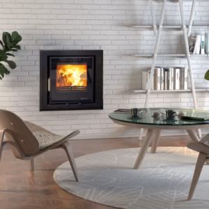 Eco C550 6.9kW multi fuel cassette stove with a wide glass viewing window.