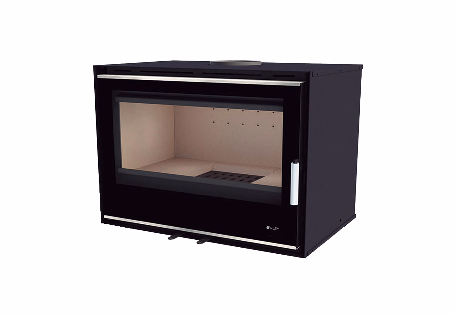 Portimao 700 7.3kW wood burning cassette stove with modern black frame.