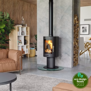 Geneva 5kW wood burning eco stove styled in a living room interior
