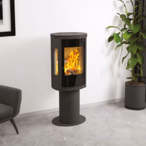 Angled view of the Elipse G5 Pedestal wood burning stove with triple viewing glass