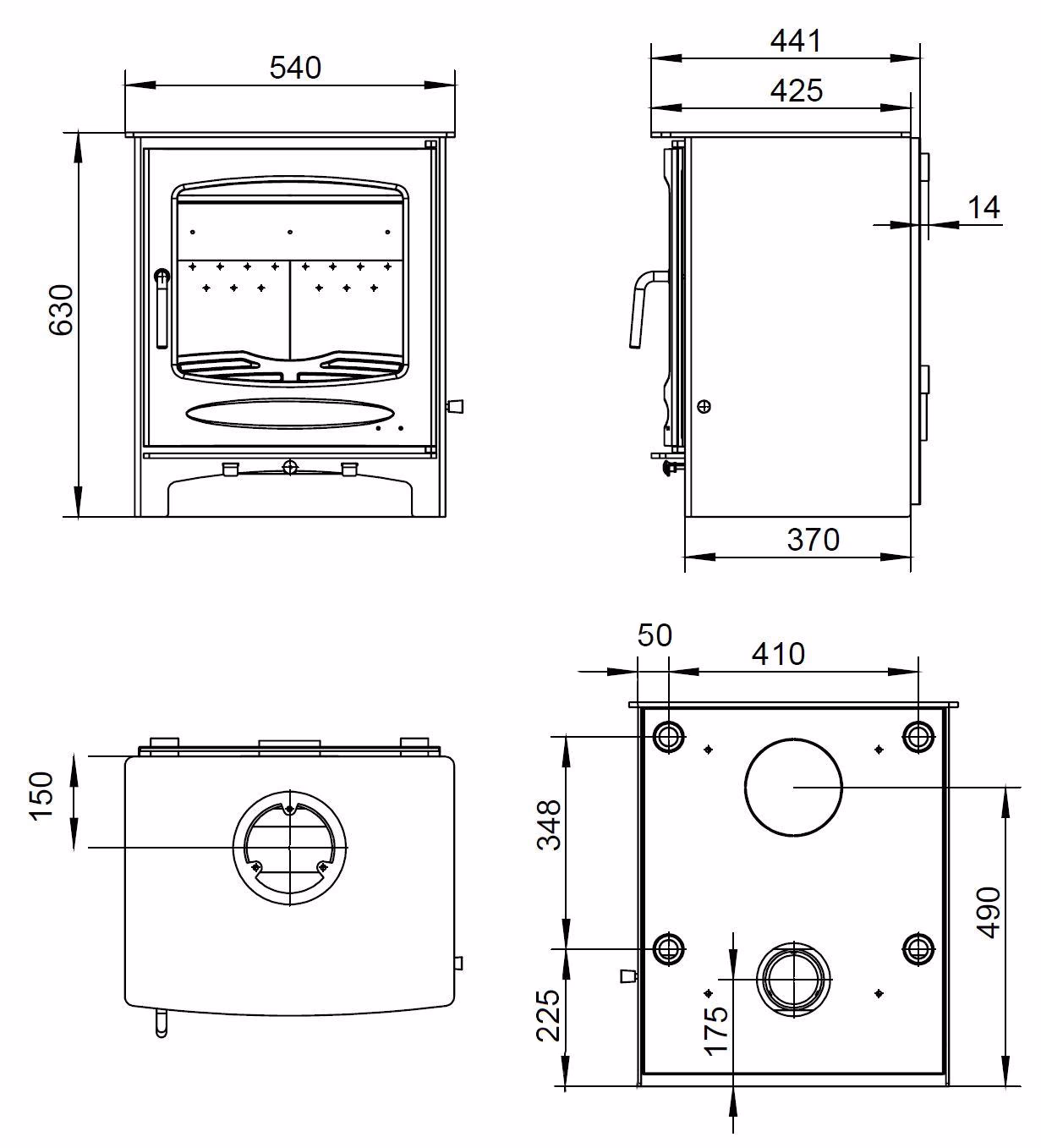 Technical drawing of the Sherwood 12kW boiler stove