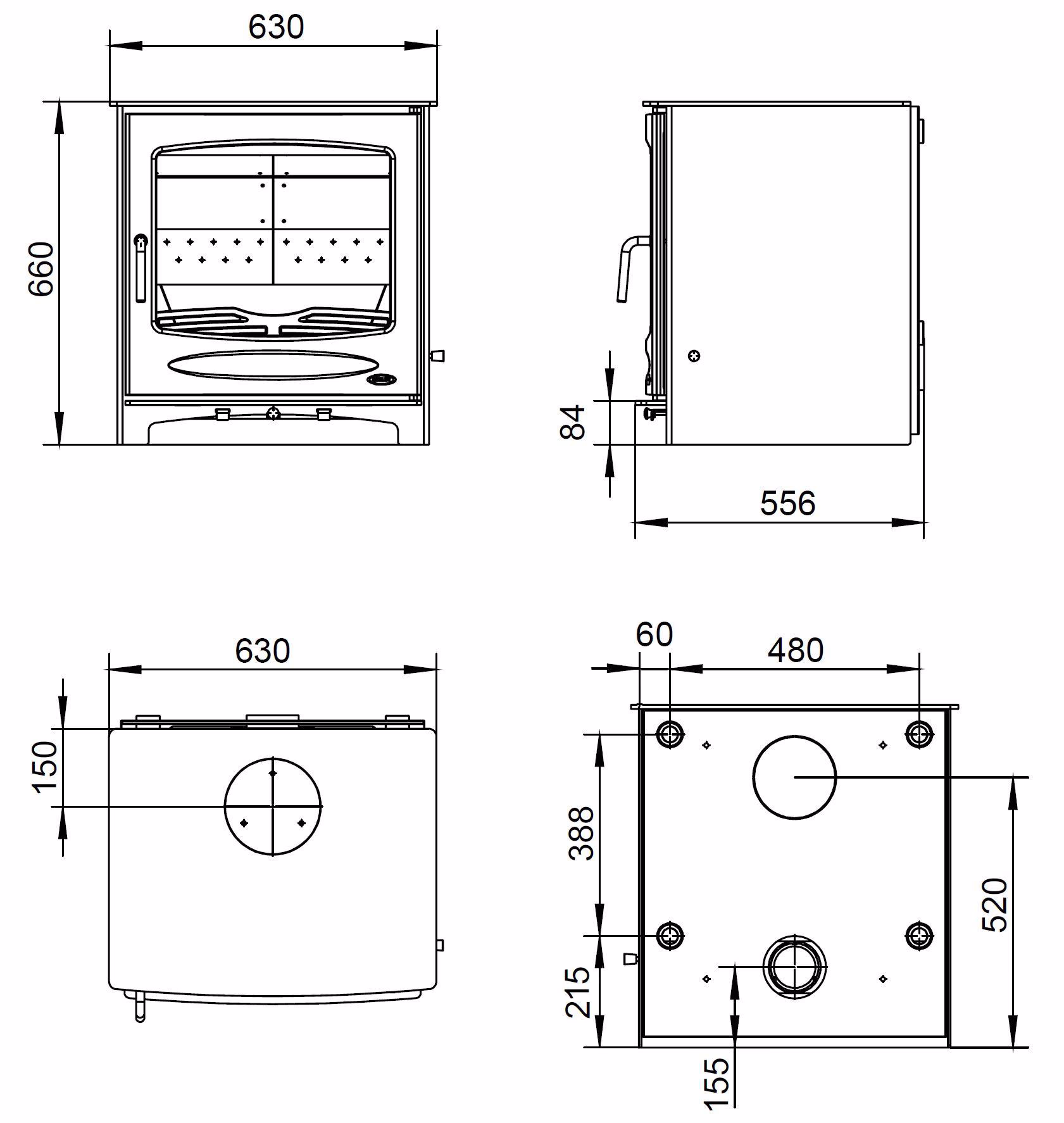 Technical drawing of the Sherwood 21kW boiler stove