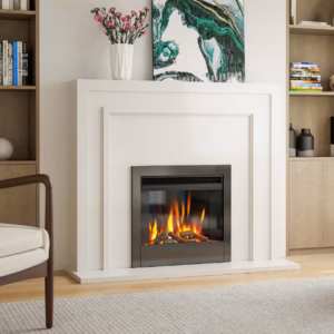 Aurora 24 electric fire installed within a modern white fireplace in a styled living room