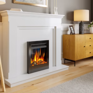 Aurora 16 electric fire installed in a white fireplace suite with realistic orange flame effect