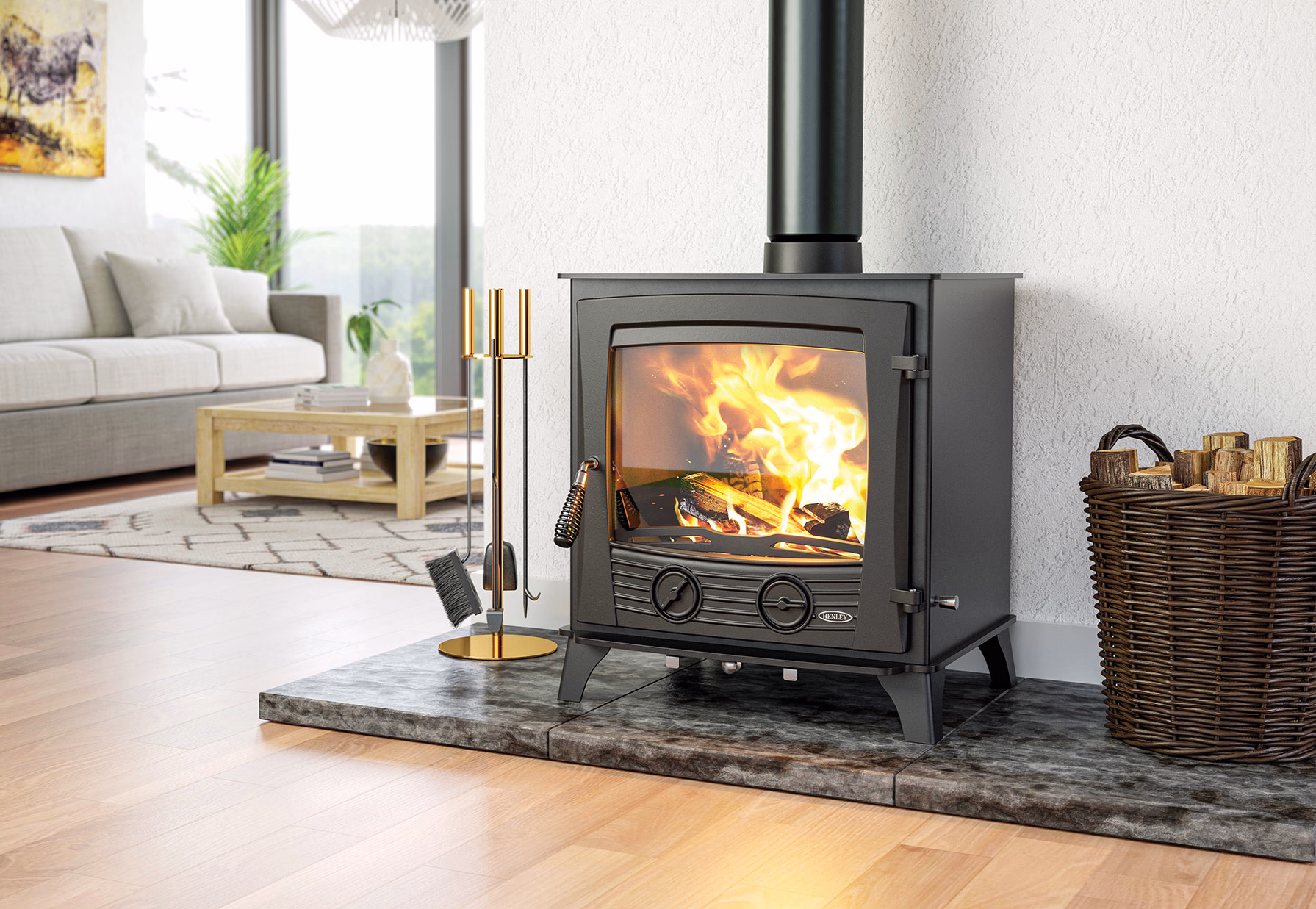 Druid 21kW boiler stove shown in a fireplace setting