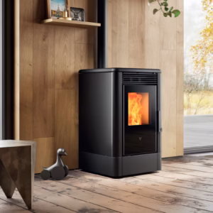 Selma 8kW freestanding pellet stove shown in an interior setting