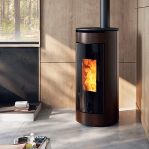 Sibilla freestanding pellet stove shown in an interior setting