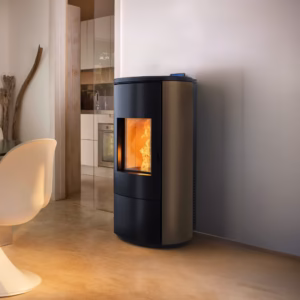 A8-A10 Round Steel pellet stove shown in an interior lifestyle setting