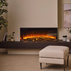 Forest 1200 electric fire with realistic LED flame visuals and Deluxe Real Logs fuel bed.