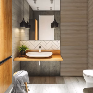 AT Blancos Viggo Acre 30 x 90 wood-effect tiles installed in a contemporary bathroom setting.