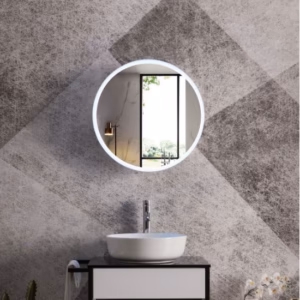 Ava LED round mirror cabinet displayed above a bathroom basin.