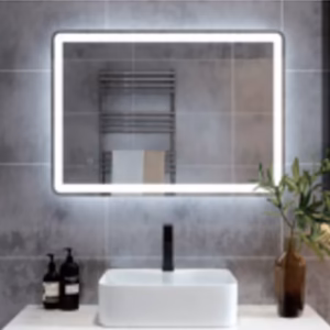 Boyne rectangular LED bathroom mirror with silver aluminium frame above a basin