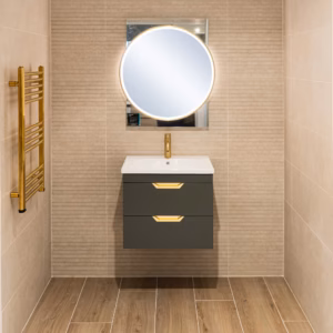 Lagom Natural 26x160 wood-effect floor tile shown in a bathroom roomset