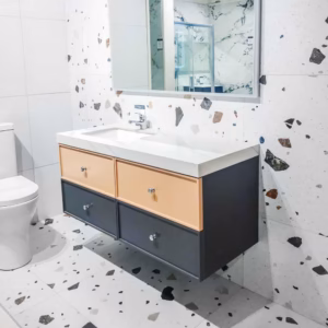 Liffey sink unit displayed in a bathroom setting with mirror and tiled wall