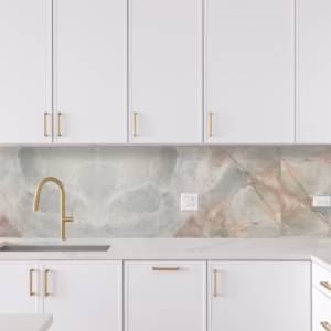Lux Noor Apple large-format tile used as a kitchen wall splashback.
