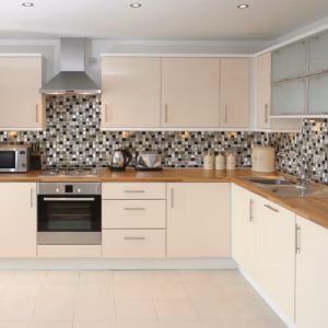 Mosaic aluminium, glass, natural stone and quartzite tiles used as a kitchen splashback.