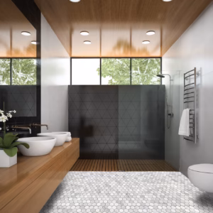 Mosaic Marble Carrara Hexagon tile used in a contemporary bathroom setting.