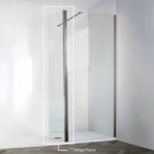 Oxford chrome wetroom removable flipper panel shown fitted beside a shower screen