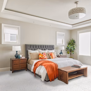 Pigment 90 x 90 tile shown in a bright bedroom interior