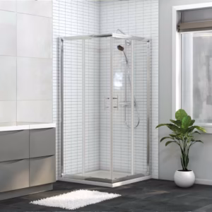 Sitron corner entry shower doors with chrome profiles and clear glass in a tiled bathroom setting